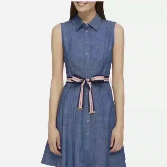 Tommy Hilfiger In Bloom Sleeveless Debim Dress With Belt Womens Size 8 - Picture 1 of 11